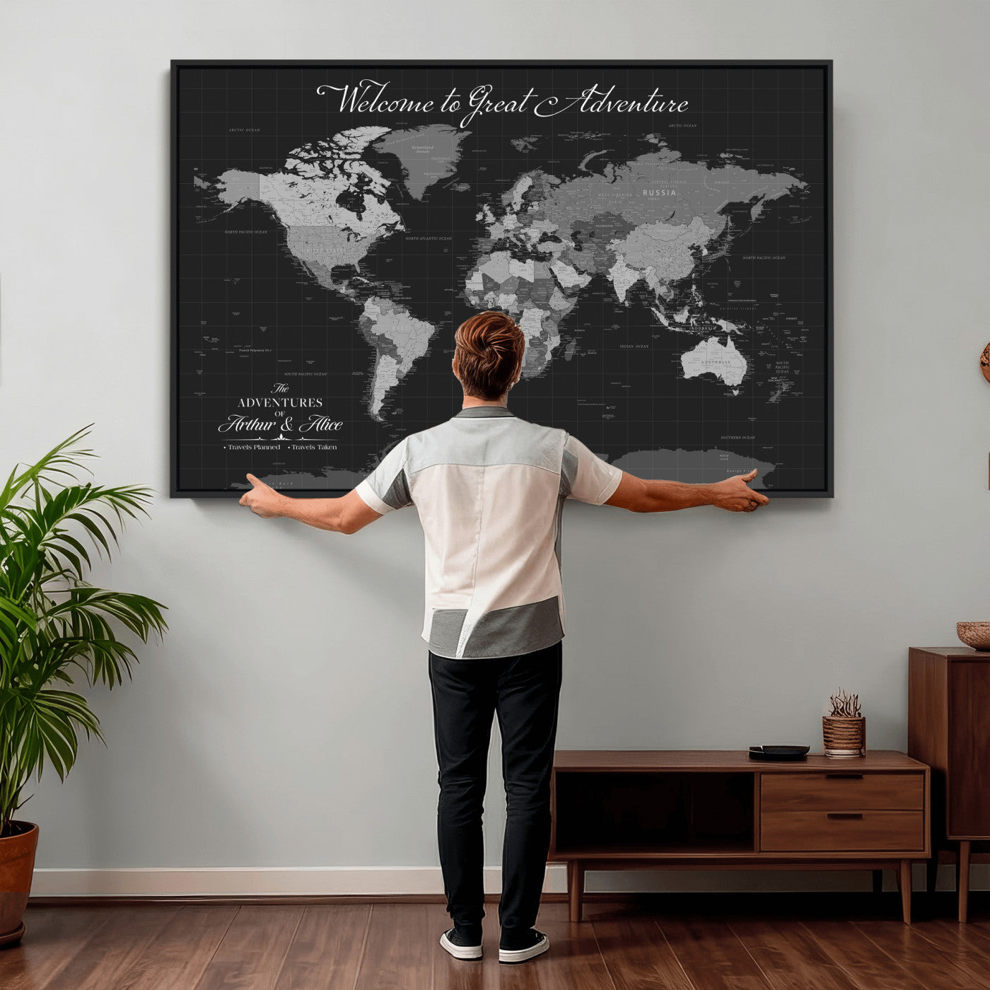 57127599-MGV-CV-36X24 - Custom Push Pin World Map Wall Art Canvas Print – Personalized Travel Tracker with Pins Framed Large for Home and Office Decor