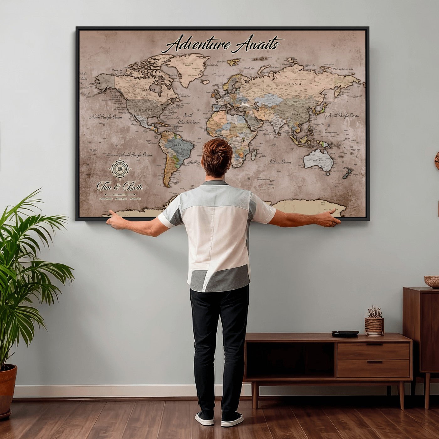 30508877-MGV-CV-36X24 - Custom Push Pin World Map Wall Art Canvas Print – Personalized Travel Tracker with Pins Framed Large for Home and Office Decor