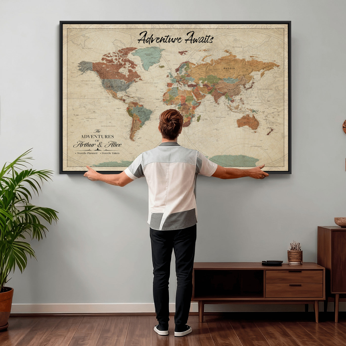10741176-MGV-CV-36X24 - Custom Push Pin World Map Wall Art Canvas Print – Personalized Travel Tracker with Pins Framed Large for Home and Office Decor