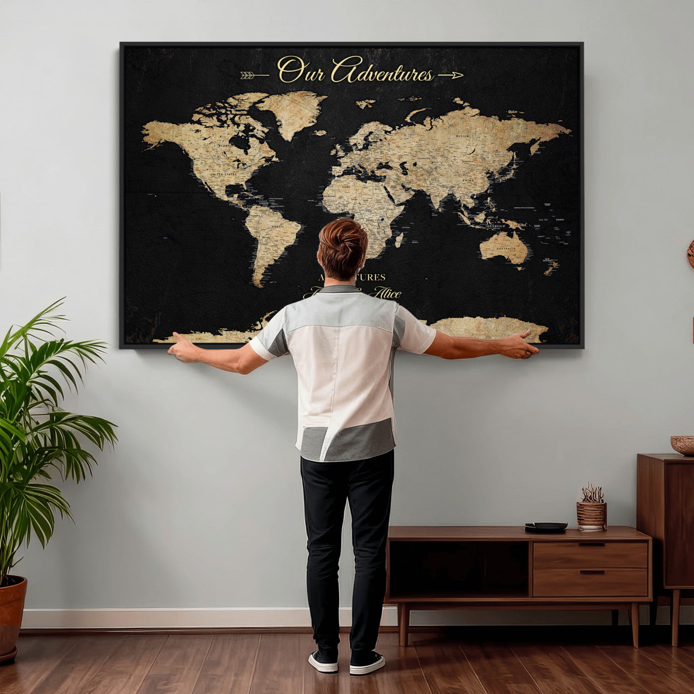 54638998-MGV-CV-36X24 - Custom Push Pin World Map Wall Art Canvas Print – Personalized Travel Tracker with Pins Framed Large for Home and Office Decor
