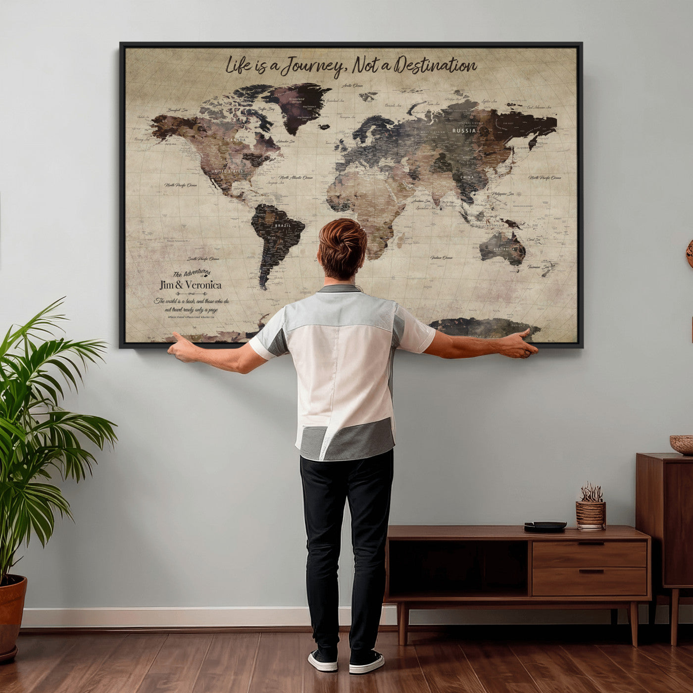 58257942-MGV-CV-36X24 - Custom Push Pin World Map Wall Art Canvas Print – Personalized Travel Tracker with Pins Framed Large for Home and Office Decor