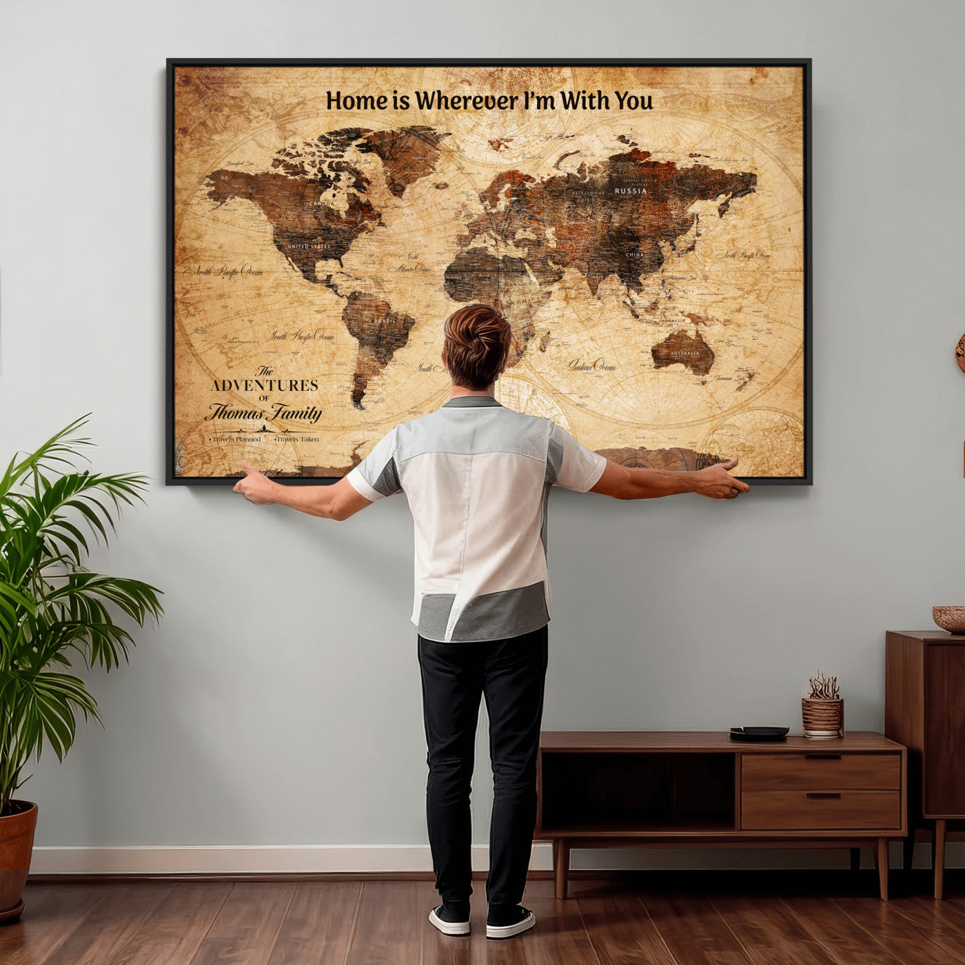 47310001-MGV-CV-36X24 - Custom Push Pin World Map Wall Art Canvas Print – Personalized Travel Tracker with Pins Framed Large for Home and Office Decor