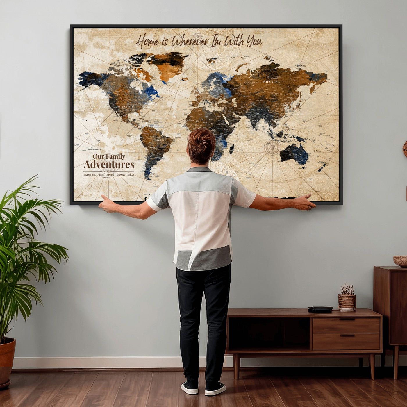 20227642-MGV-CV-36X24 - Custom Push Pin World Map Wall Art Canvas Print – Personalized Travel Tracker with Pins Framed Large for Home and Office Decor
