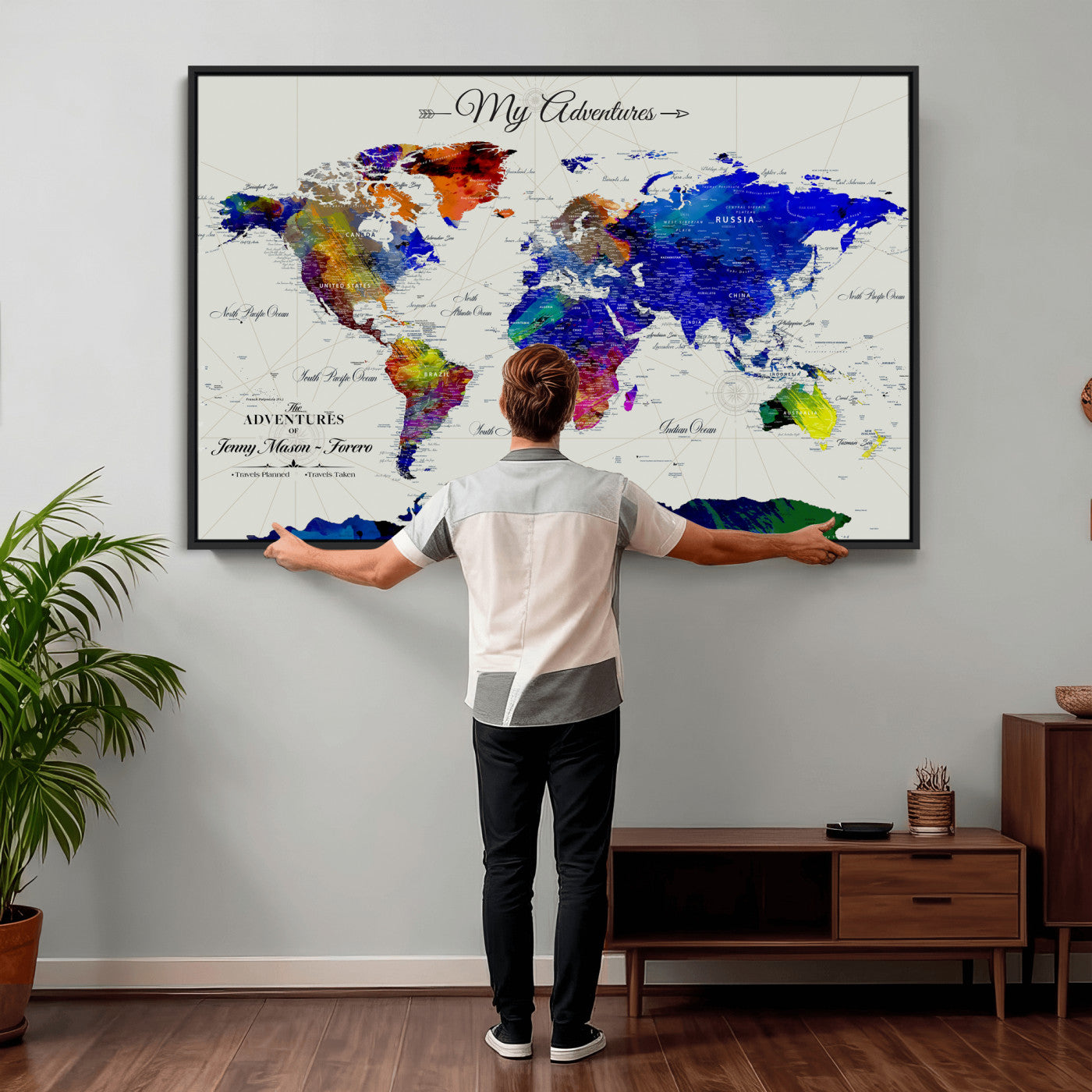 45423989-MGV-CV-36X24 - Custom Push Pin World Map Wall Art Canvas Print – Personalized Travel Tracker with Pins Framed Large for Home and Office Decor