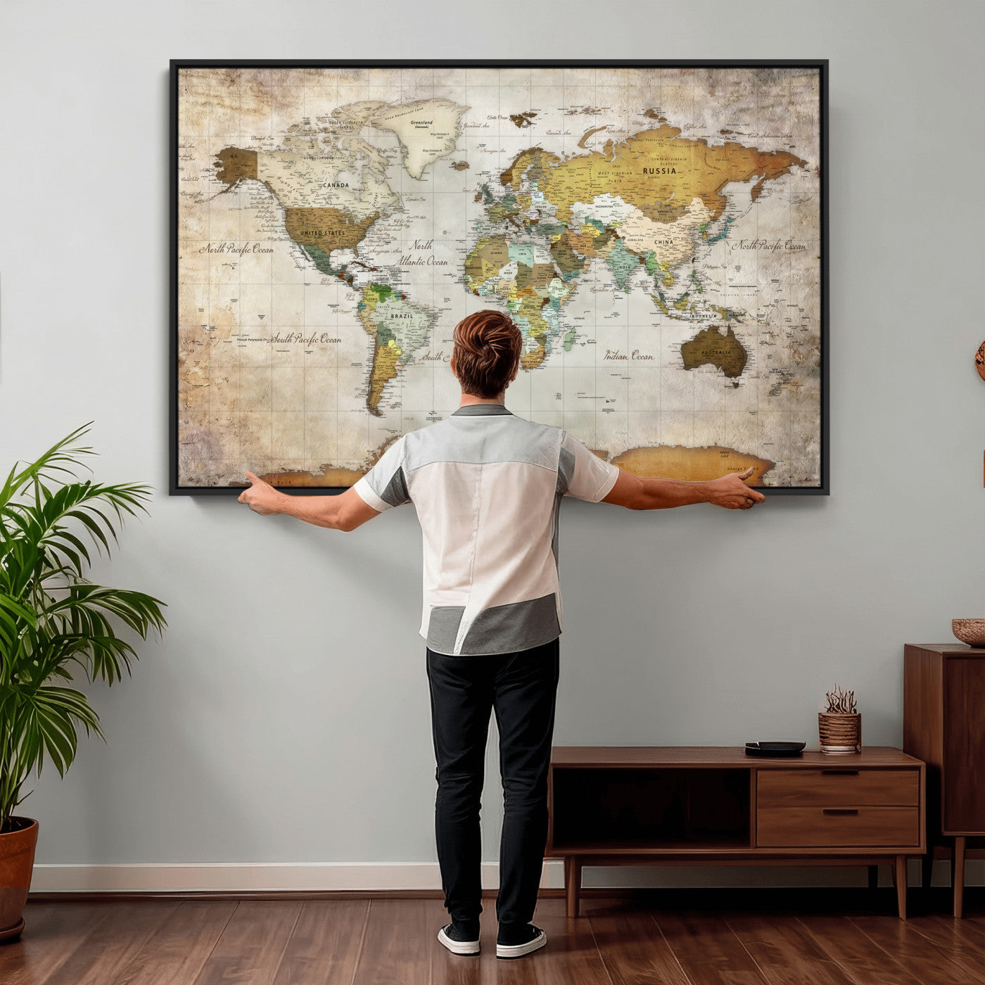 86108417-MGV-CV-36X24 - World Map Wall Art Canvas Print, Modern Decorative Framed Map Artwork Prints for Living Room, Office, Bedroom Wall Decor