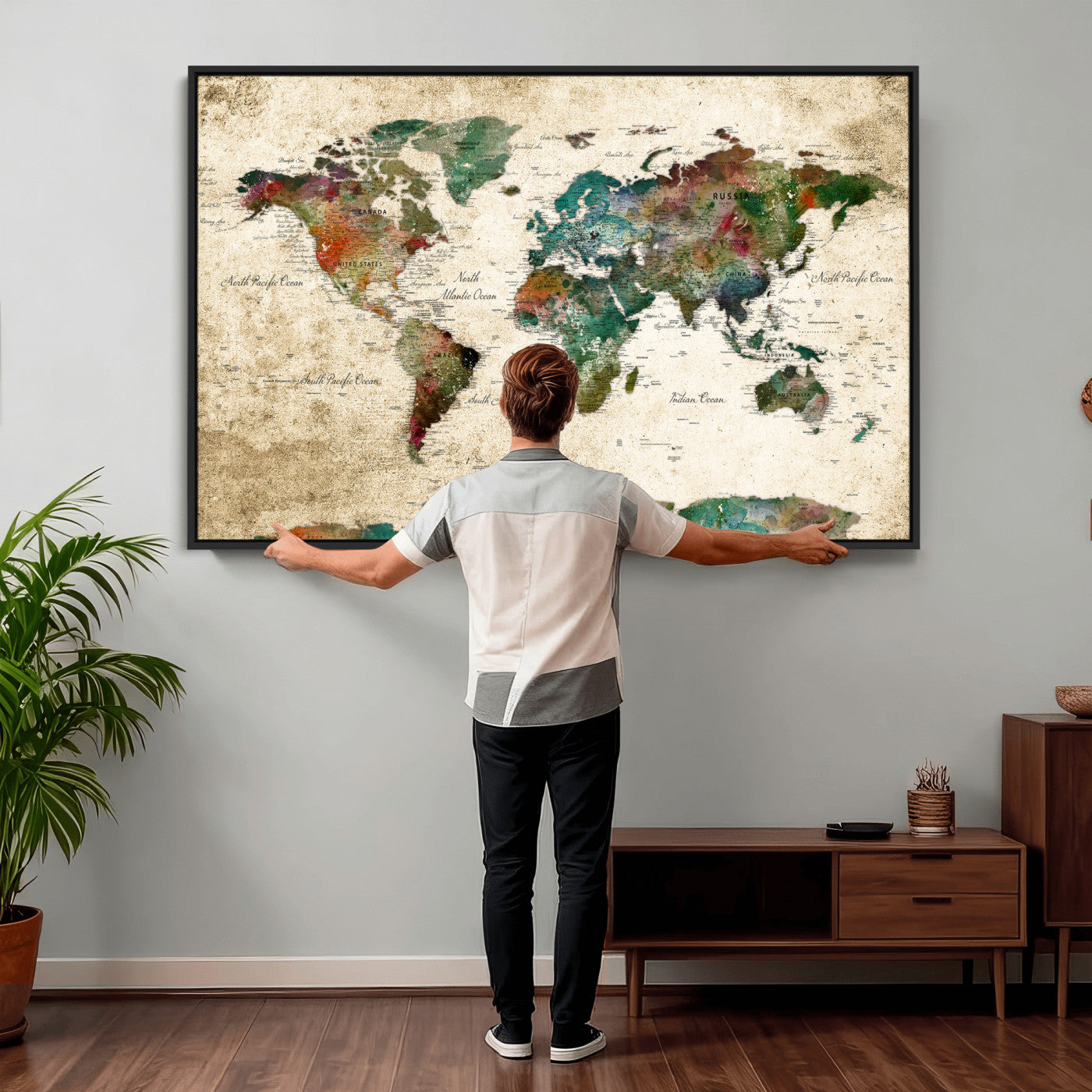 87544591-MGV-CV-36X24 - World Map Wall Art Canvas Print, Modern Decorative Framed Map Artwork Prints for Living Room, Office, Bedroom Wall Decor