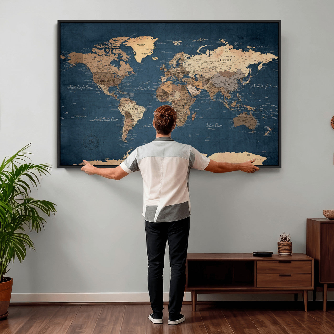 69886352-MGV-CV-36X24 - World Map Wall Art Canvas Print, Modern Decorative Framed Map Artwork Prints for Living Room, Office, Bedroom Wall Decor