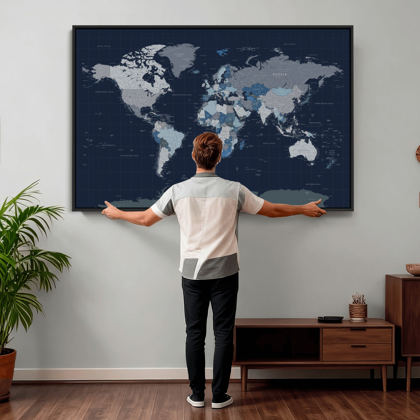 17712680-MGV-CV-36X24 - World Map Wall Art Canvas Print, Modern Decorative Framed Map Artwork Prints for Living Room, Office, Bedroom Wall Decor