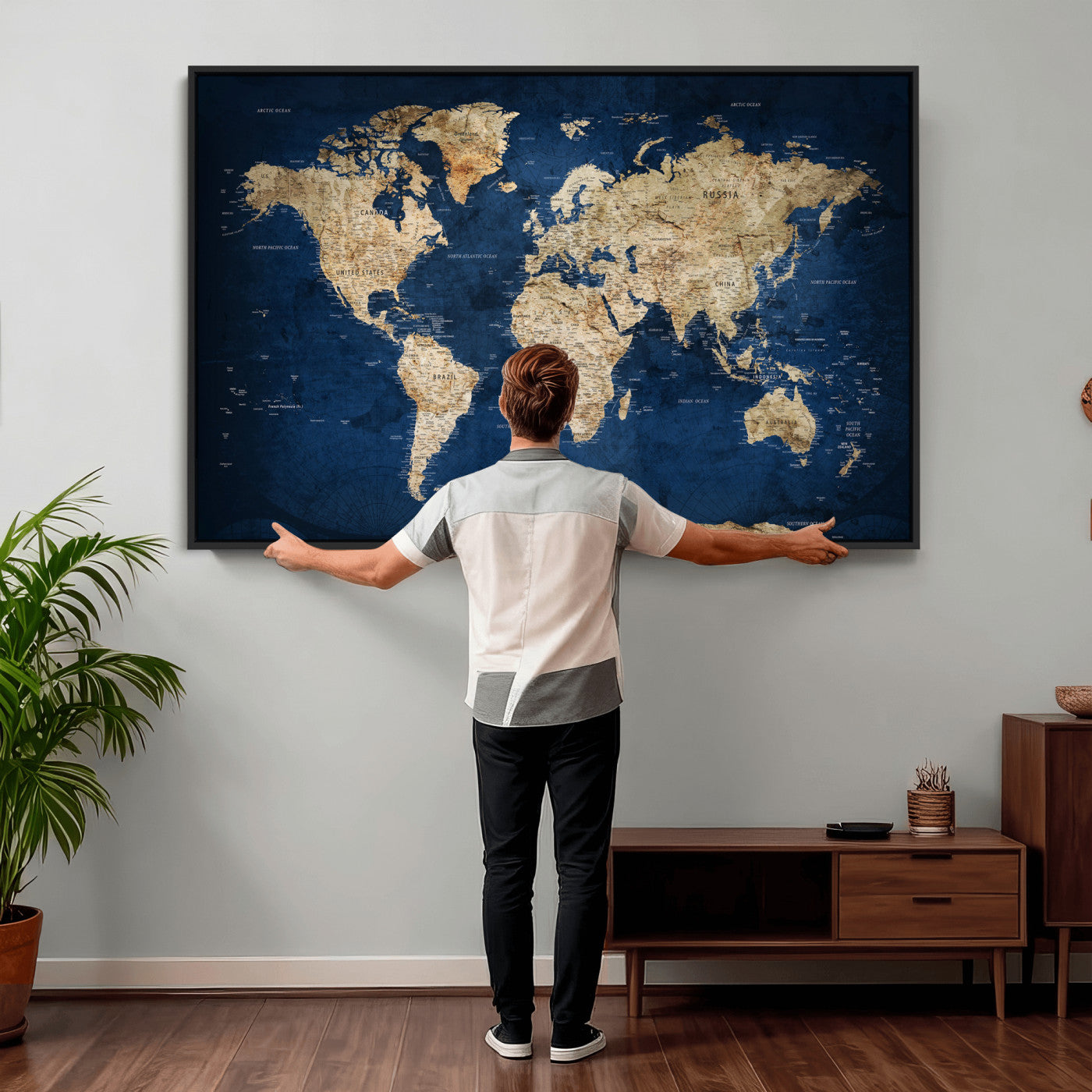 57503519-MGV-CV-36X24 - World Map Wall Art Canvas Print, Modern Decorative Framed Map Artwork Prints for Living Room, Office, Bedroom Wall Decor