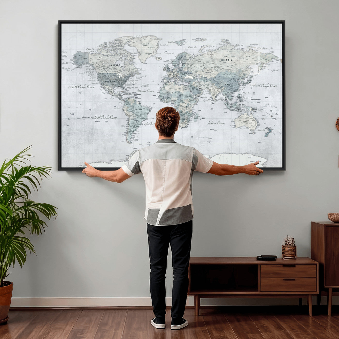 71091917-MGV-CV-36X24 - World Map Wall Art Canvas Print, Modern Decorative Framed Map Artwork Prints for Living Room, Office, Bedroom Wall Decor