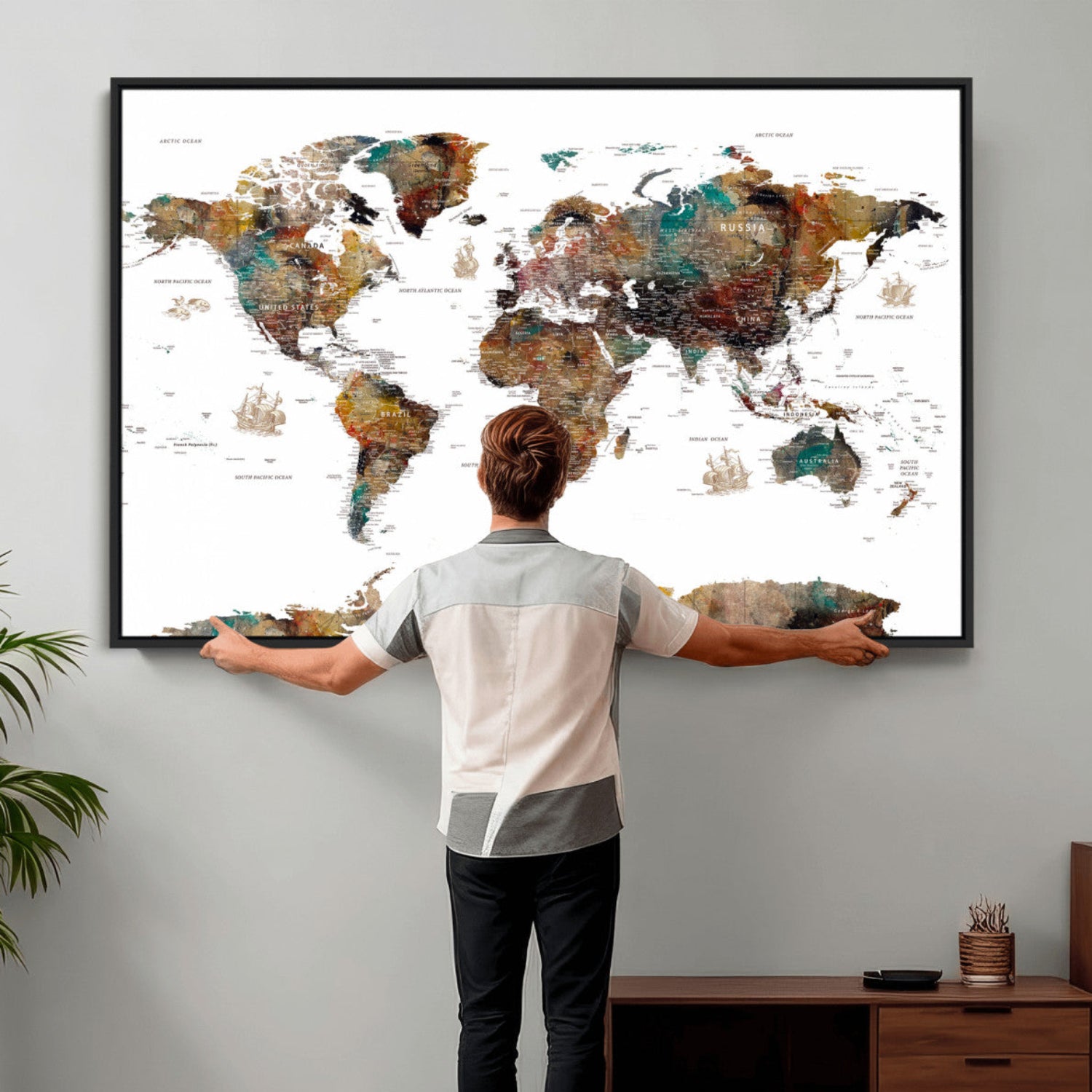82293175-MGV-CV-36X24 - World Map Wall Art Canvas Print, Modern Decorative Framed Map Artwork Prints for Living Room, Office, Bedroom Wall Decor