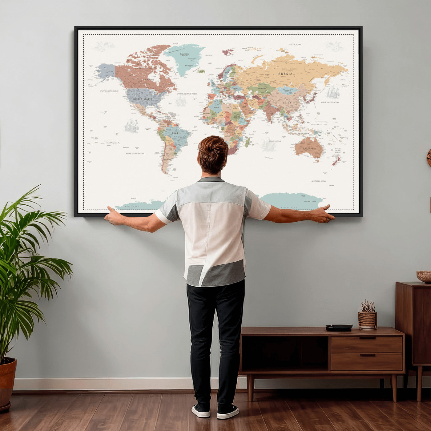 63447567-MGV-CV-36X24 - World Map Wall Art Canvas Print, Modern Decorative Framed Map Artwork Prints for Living Room, Office, Bedroom Wall Decor
