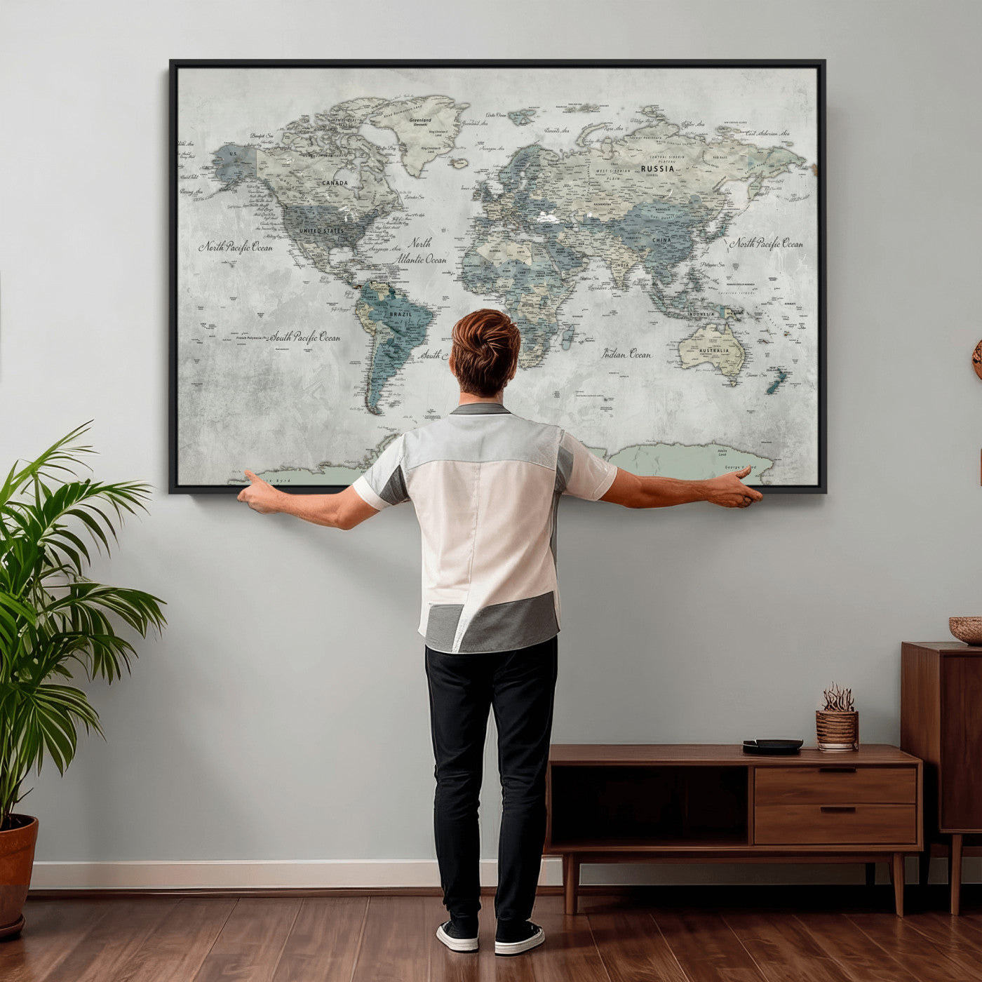 91132939-MGV-CV-36X24 - World Map Wall Art Canvas Print, Modern Decorative Framed Map Artwork Prints for Living Room, Office, Bedroom Wall Decor