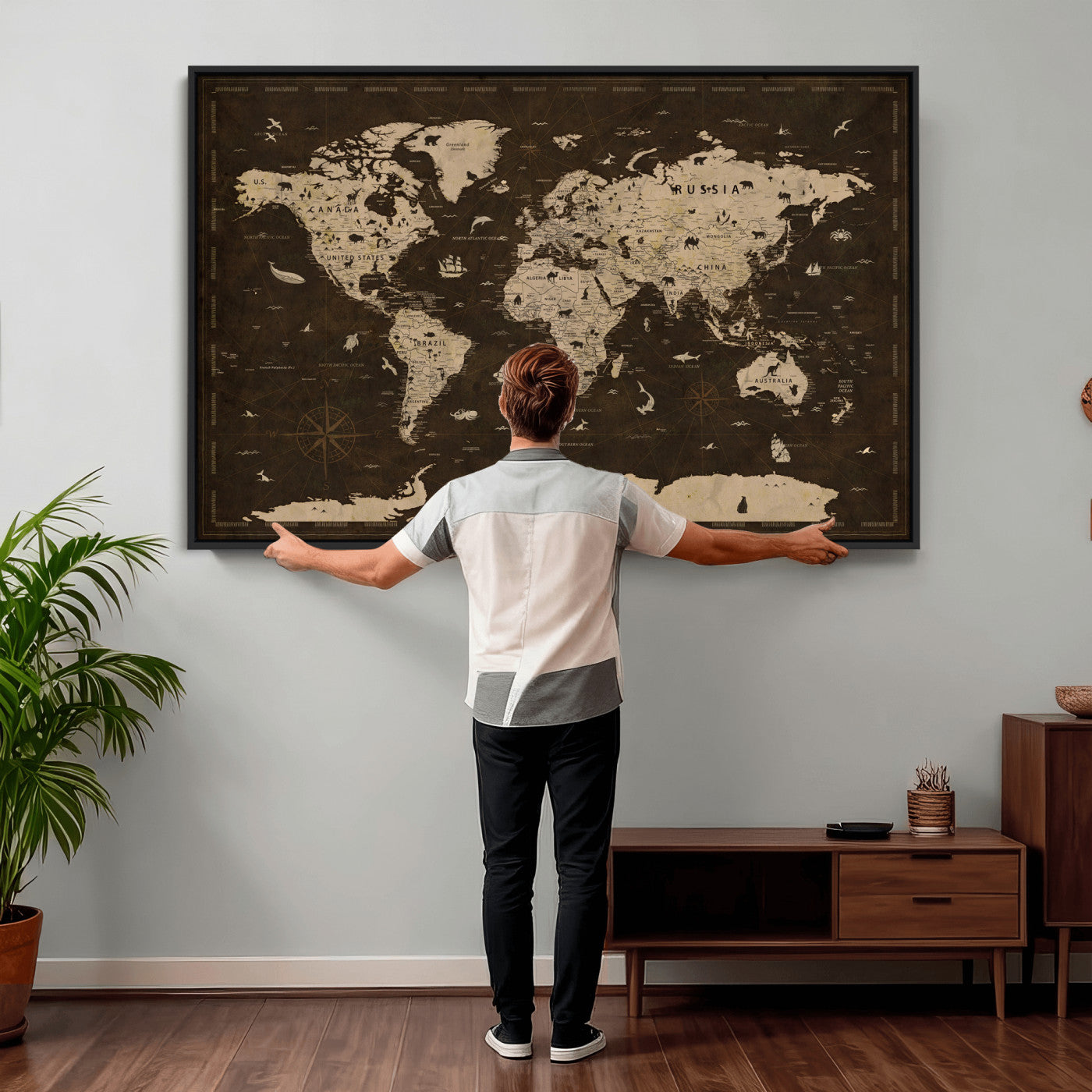 44276398-MGV-CV-36X24 - World Map Wall Art Canvas Print, Modern Decorative Framed Map Artwork Prints for Living Room, Office, Bedroom Wall Decor