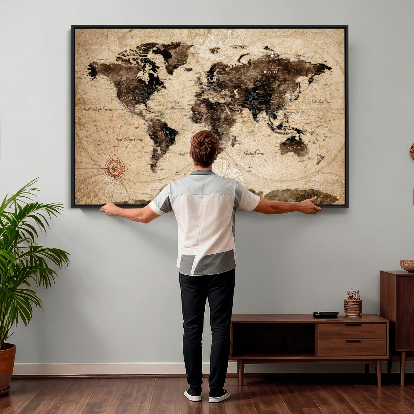 47657418-MGV-CV-36X24 - World Map Wall Art Canvas Print, Modern Decorative Framed Map Artwork Prints for Living Room, Office, Bedroom Wall Decor