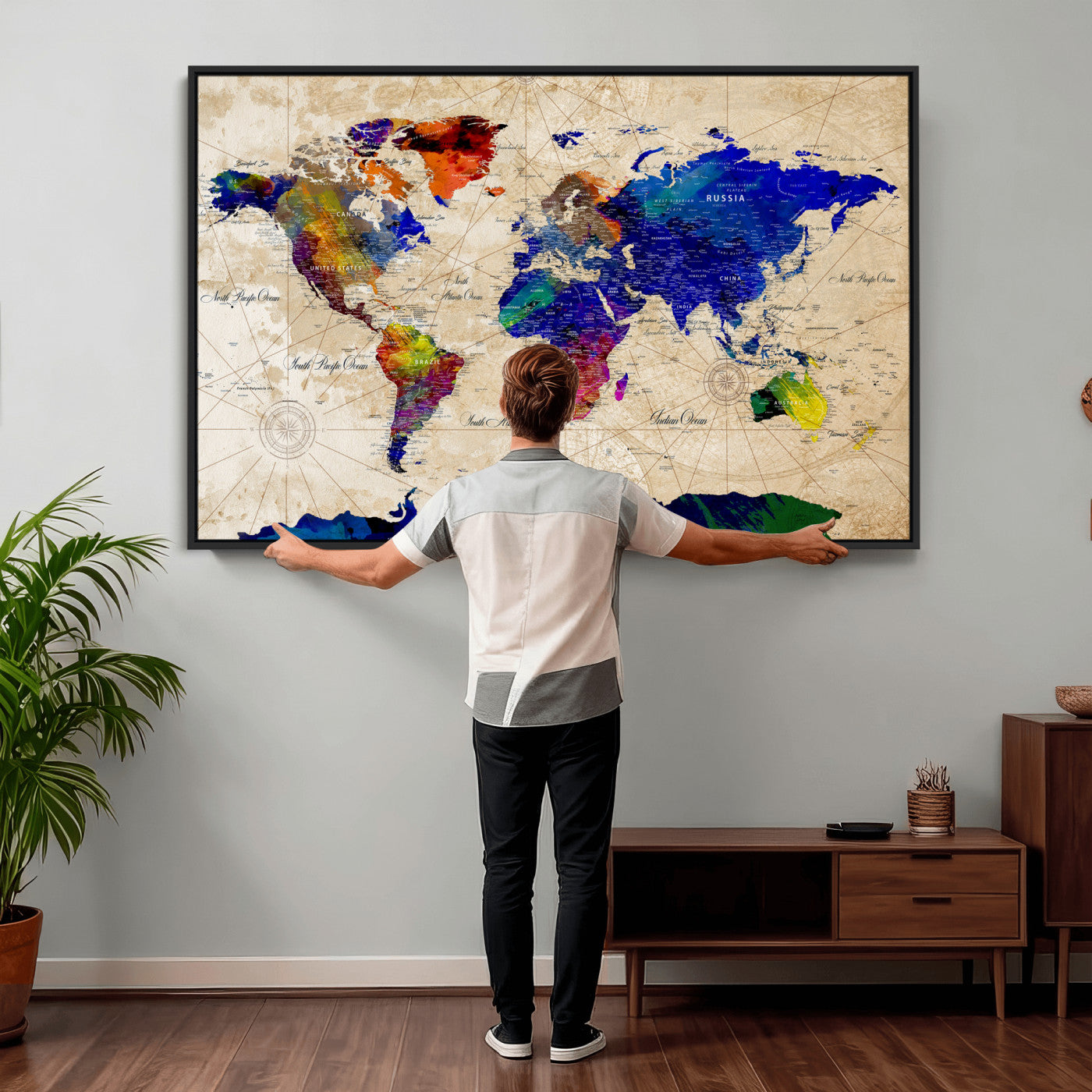 26284075-MGV-CV-36X24 - World Map Wall Art Canvas Print, Modern Decorative Framed Map Artwork Prints for Living Room, Office, Bedroom Wall Decor