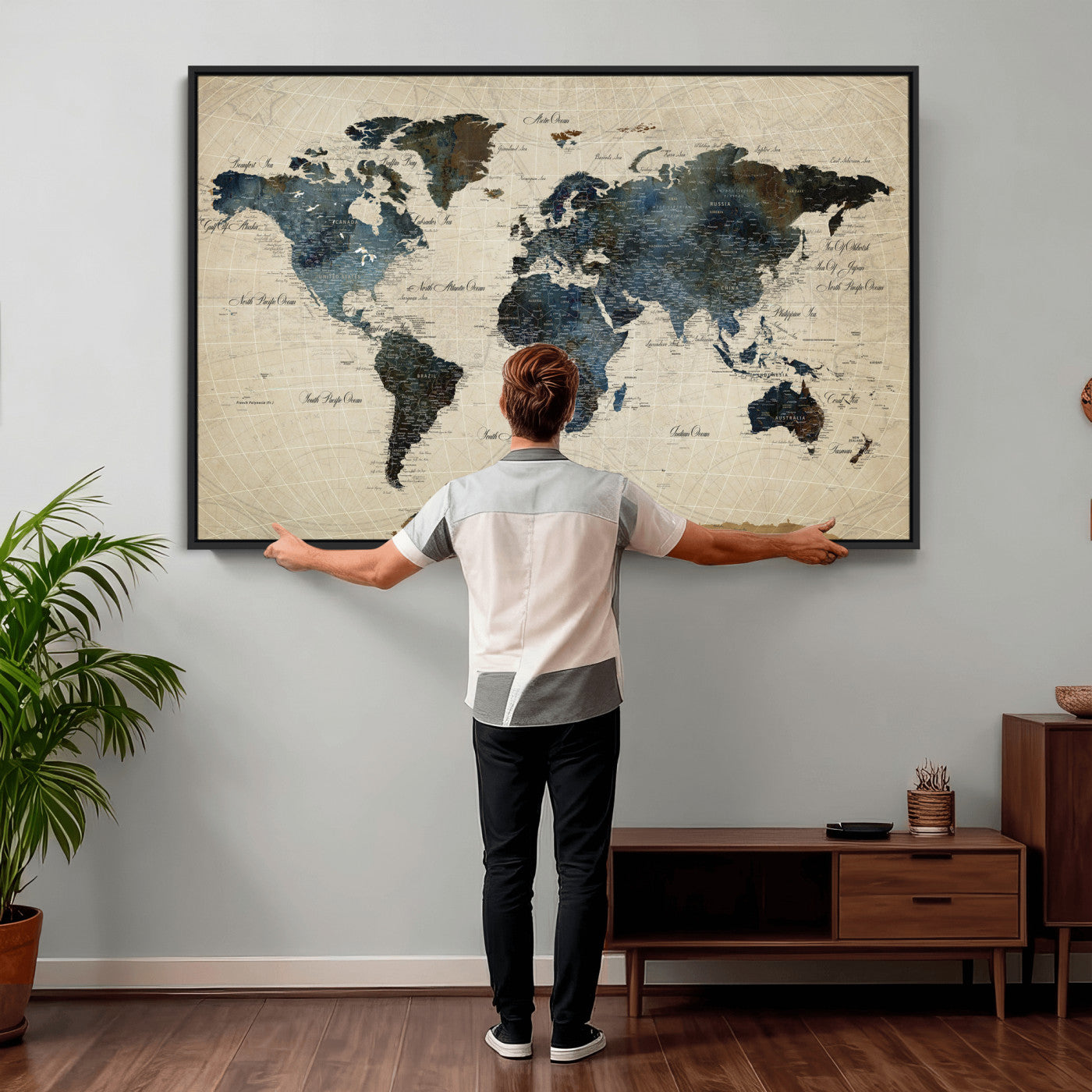 72927803-MGV-CV-36X24 - World Map Wall Art Canvas Print, Modern Decorative Framed Map Artwork Prints for Living Room, Office, Bedroom Wall Decor