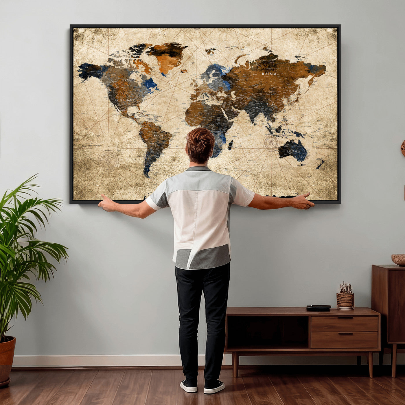 27163414-MGV-CV-36X24 - World Map Wall Art – Rustic Earth Tone Canvas Print, Antique Travel Map Design for Living Room, Office or Study, Classic Adventure Decor