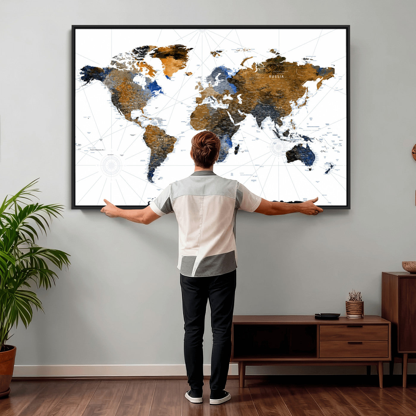 56364879-MGV-CV-36X24 - World Map Wall Art Canvas Print, Modern Decorative Framed Map Artwork Prints for Living Room, Office, Bedroom Wall Decor