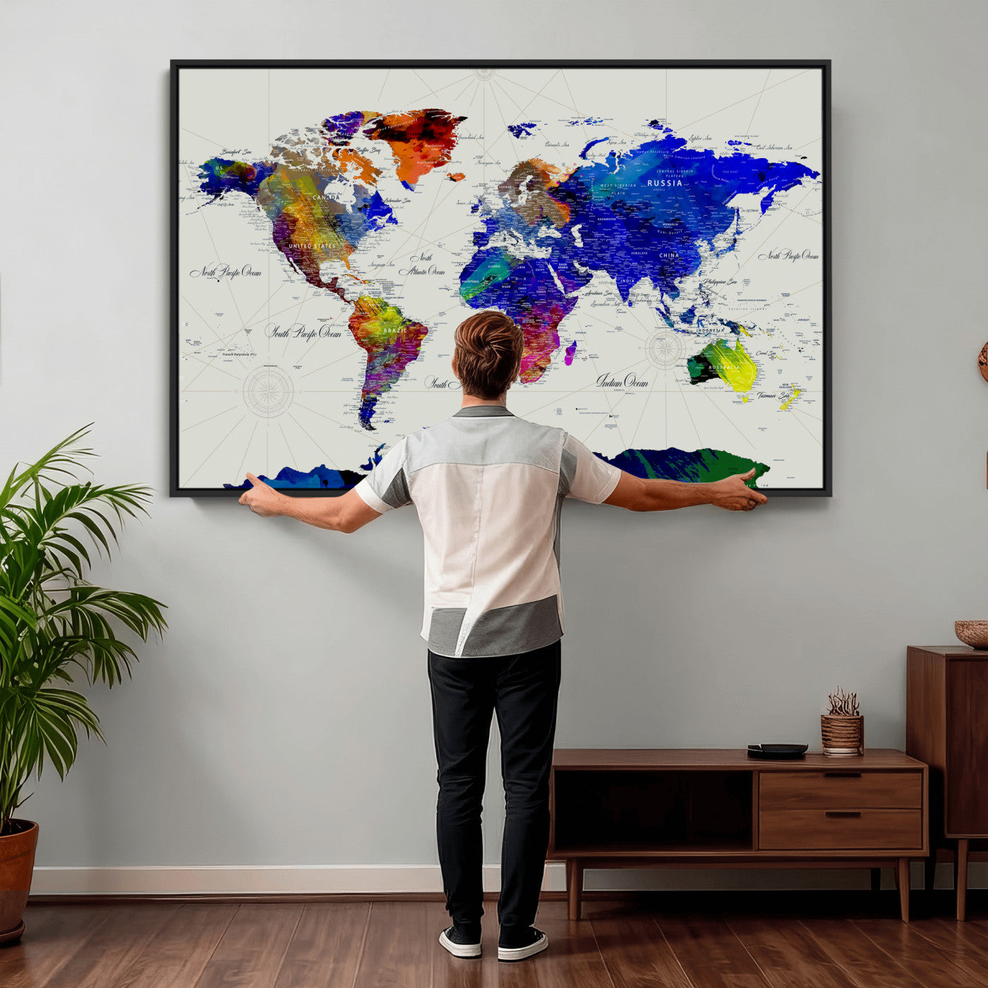 49670038-MGV-CV-36X24 - World Map Wall Art Canvas Print, Modern Decorative Framed Map Artwork Prints for Living Room, Office Decor
