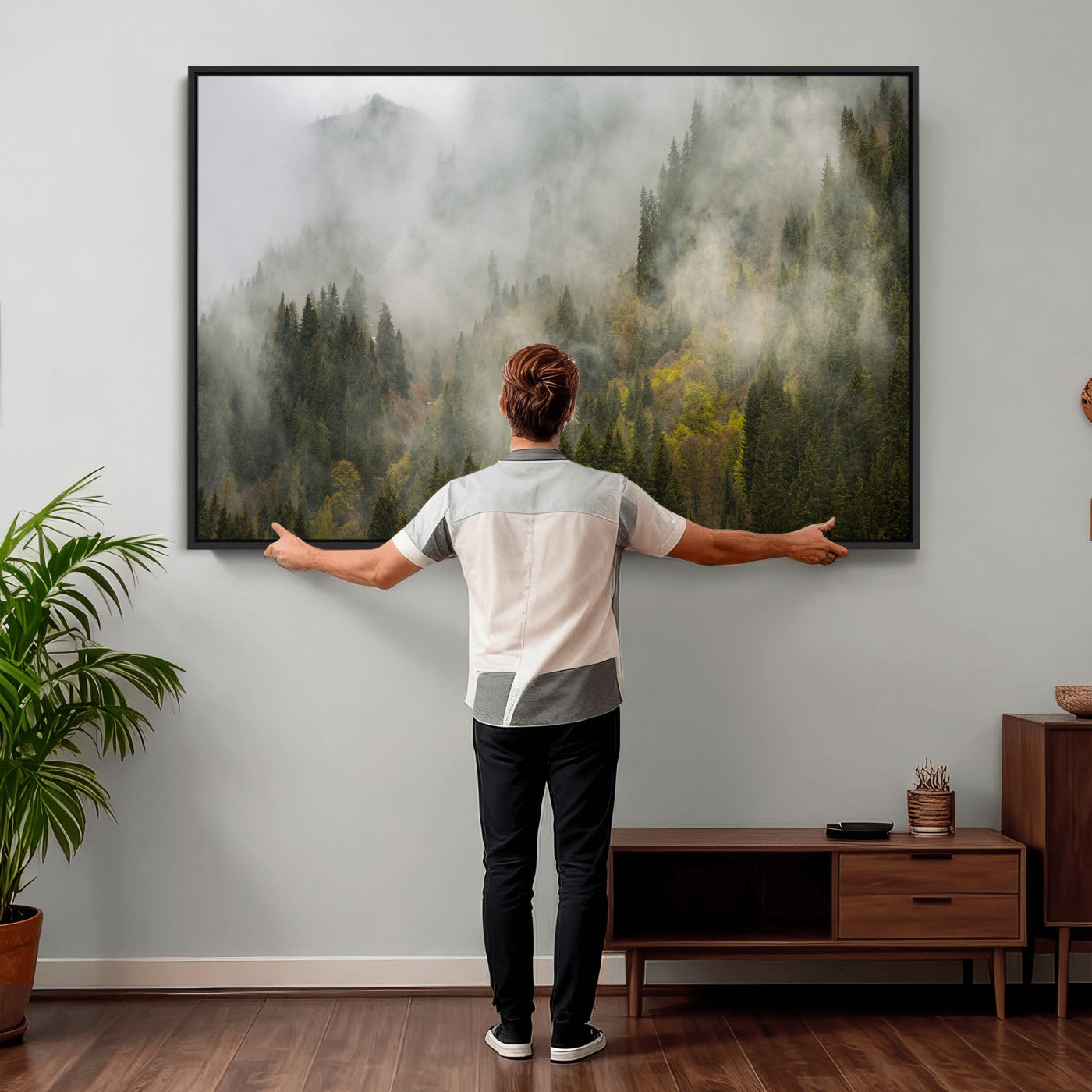 31152954-MGV-CV-36X24 - Misty Mountain Forest Canvas Print, Foggy Pine Trees Nature Wall Art, Framed Canvas Ready to Hang