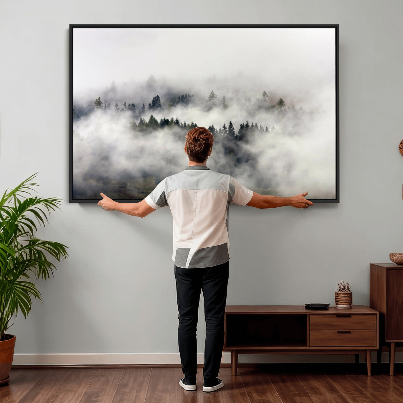 63235457-MGV-CV-36X24 - Foggy Forest Wall Art Canvas Print, Misty Pine Tree Landscape Wall Art Print, Framed Wall Art Ready to Hang