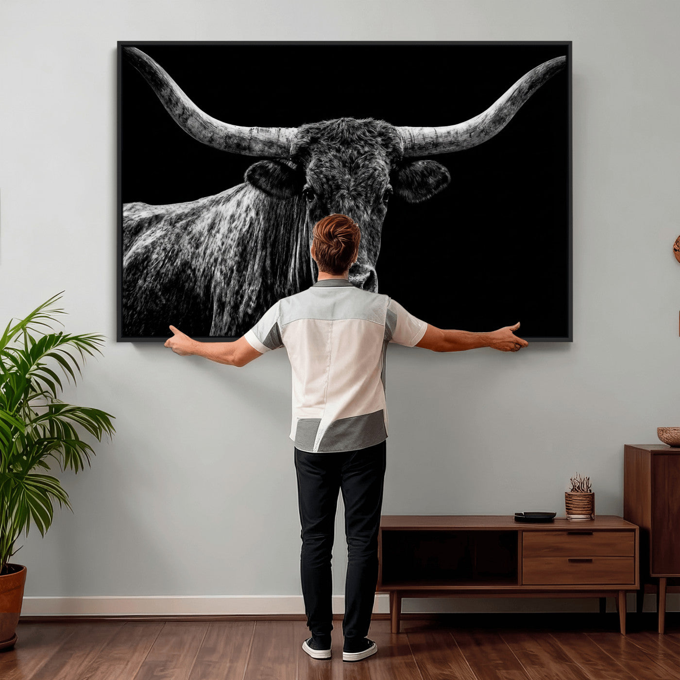 86568508-MGV-CV-36X24 - Vintage Texas Longhorn Bull Wall Art Canvas Print, Texas Cow Portrait Print, Framed Bull Wall Art Ready to Hang