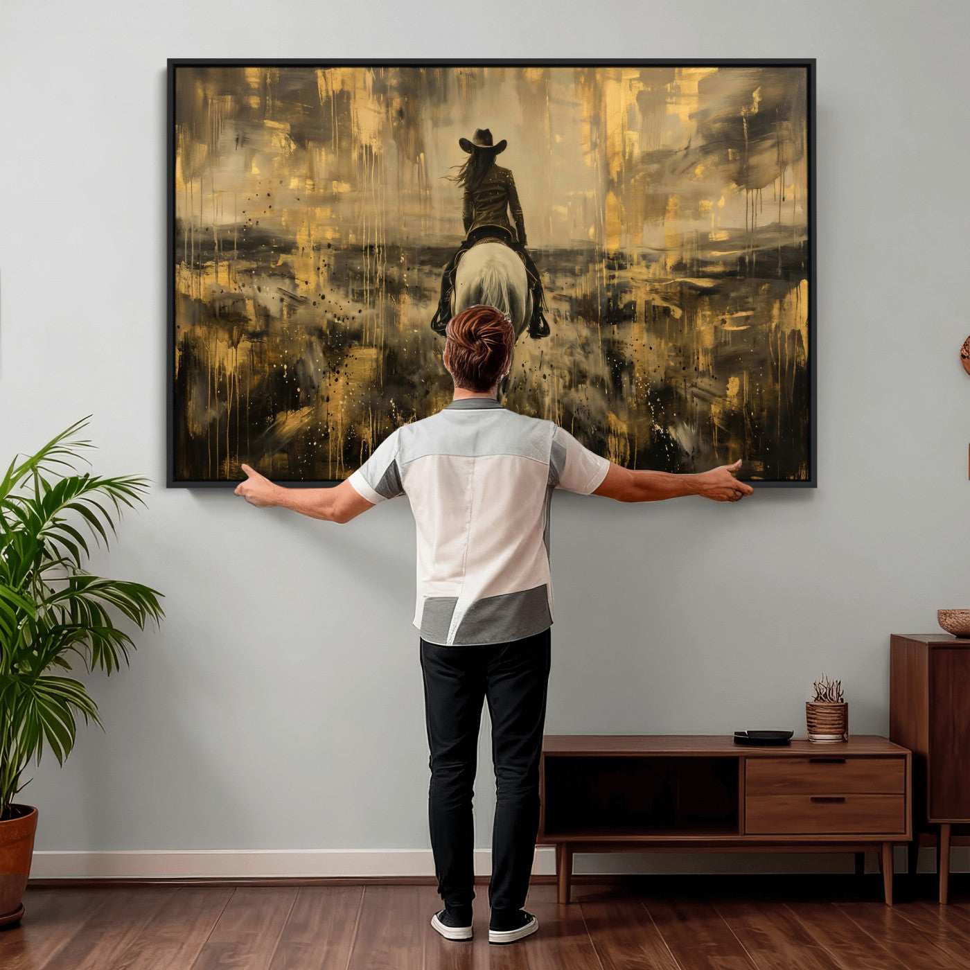 20465530-MGV-CV-36X24 - Cowgirl Wall Art Canvas Print, Western Horse Rider Wall Art, Framed Wall Art Ready to Hang