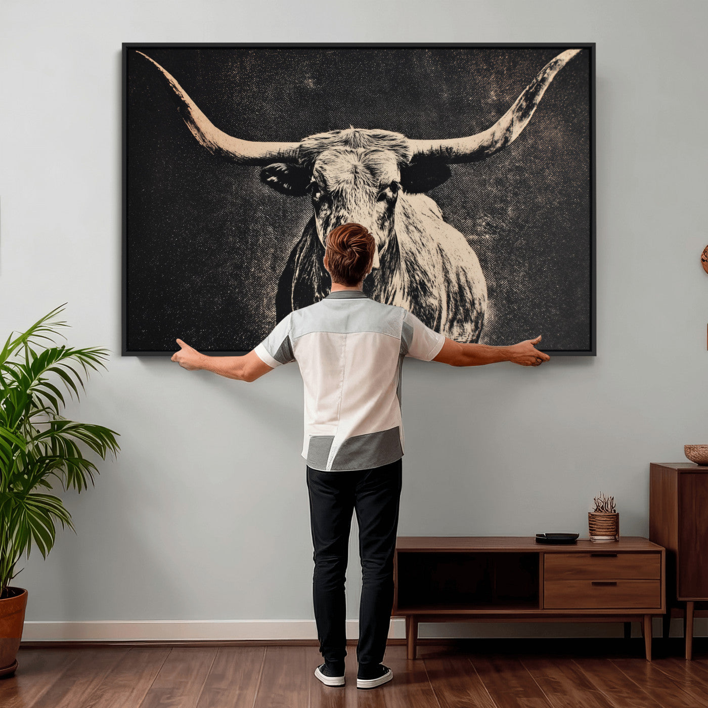 27394218-MGV-CV-36X24 - Vintage Texas Longhorn Bull Wall Art Canvas Print, Cow Portrait Photography Print, Framed Wall Art Ready to Hang