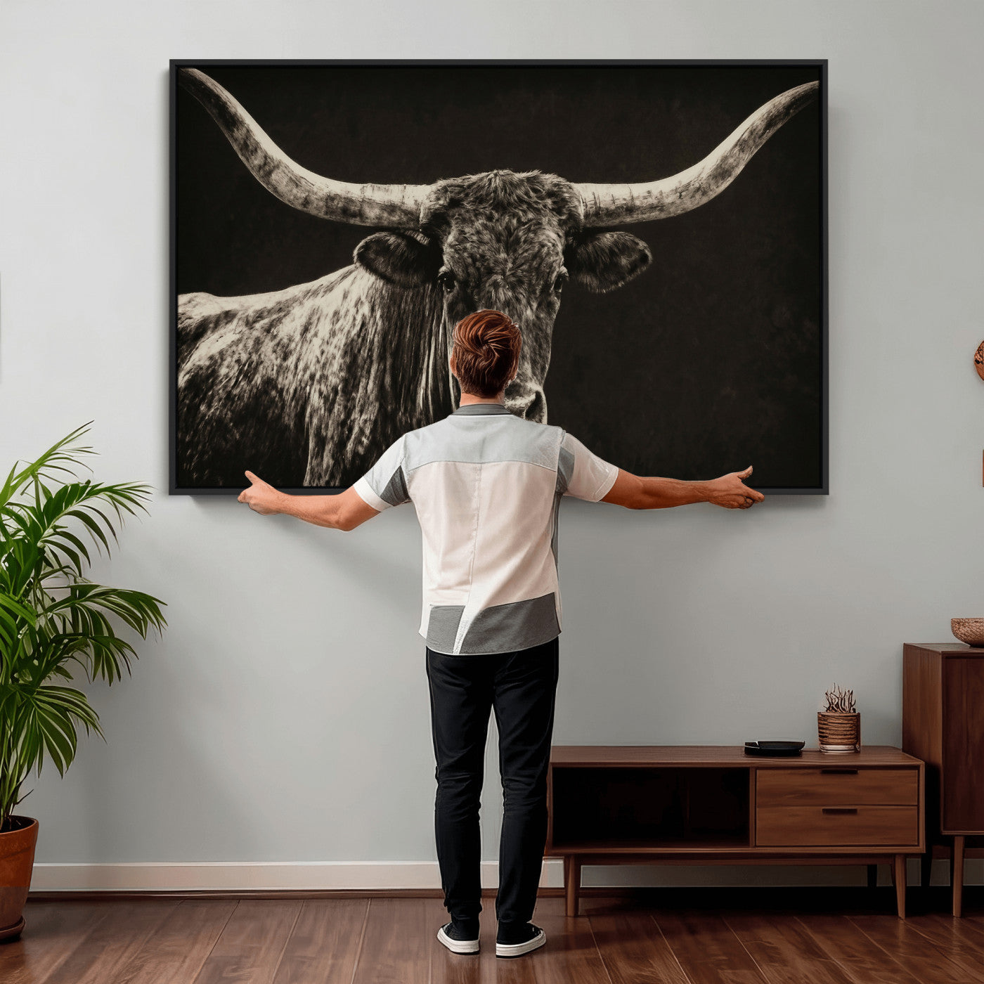 74513721-MGV-CV-36X24 - Vintage Texas Longhorn Bull Wall Art Canvas Print, Cow Portrait Photography Print, Framed Wall Art Ready to Hang