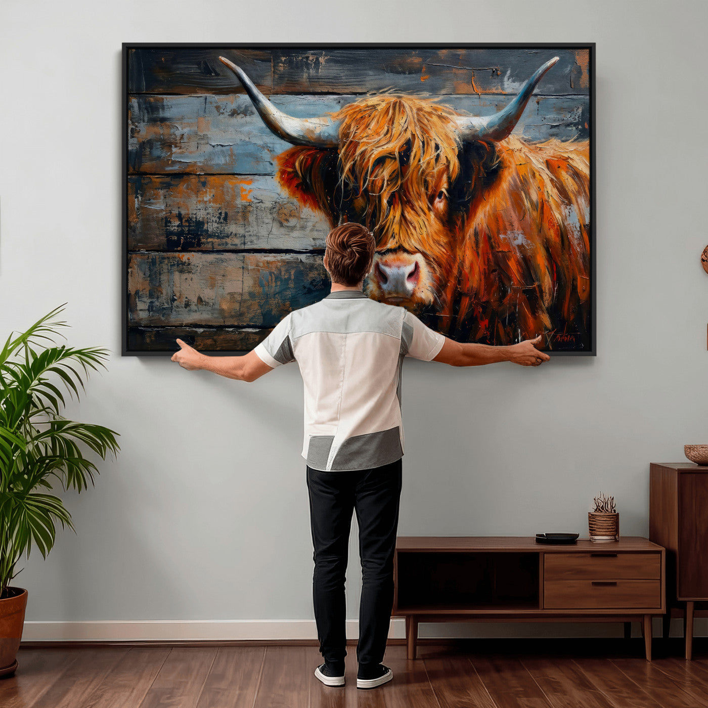 90271423-MGV-CV-36X24 - Highland Cow Wall Art Canvas Print, Abstract Rustic Farm Animal Wall Art Print, Framed Wall Art Ready to Hang
