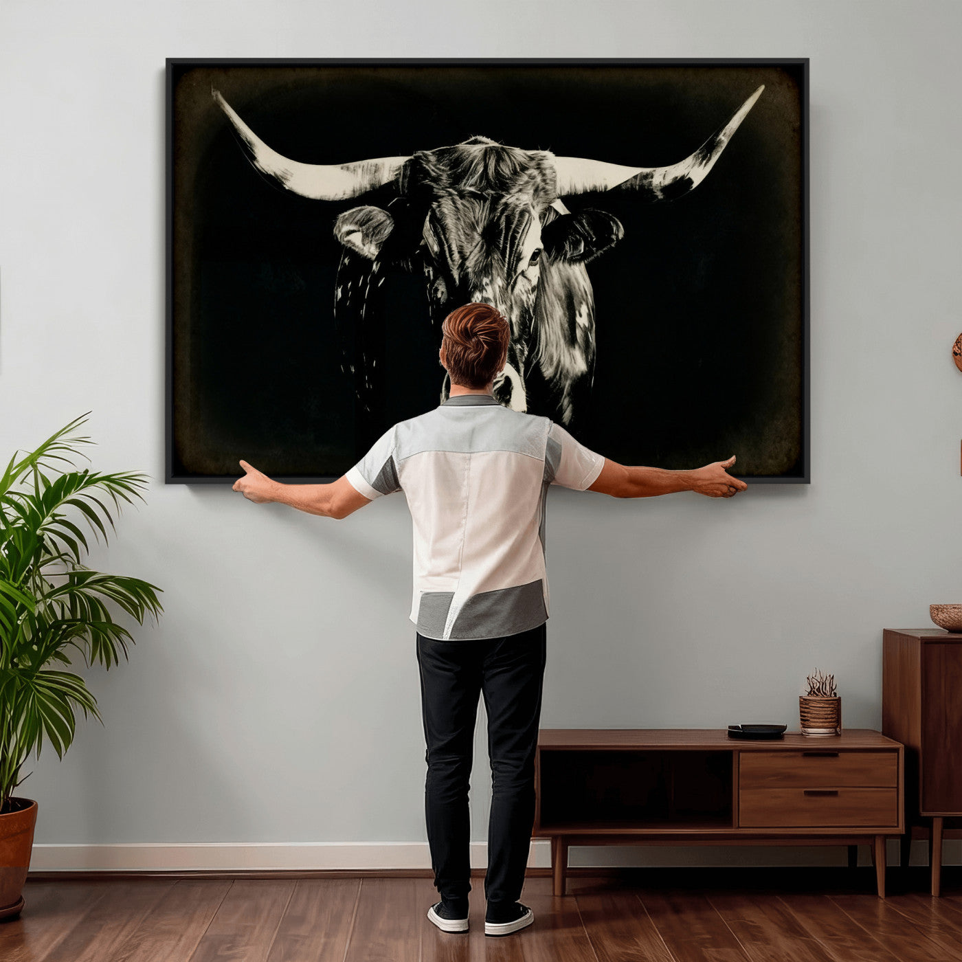 91364114-MGV-CV-36X24 - Black Bull Wall Art Canvas Print, Texas Longhorn Portrait Print, Framed Wall Art Ready to Hang