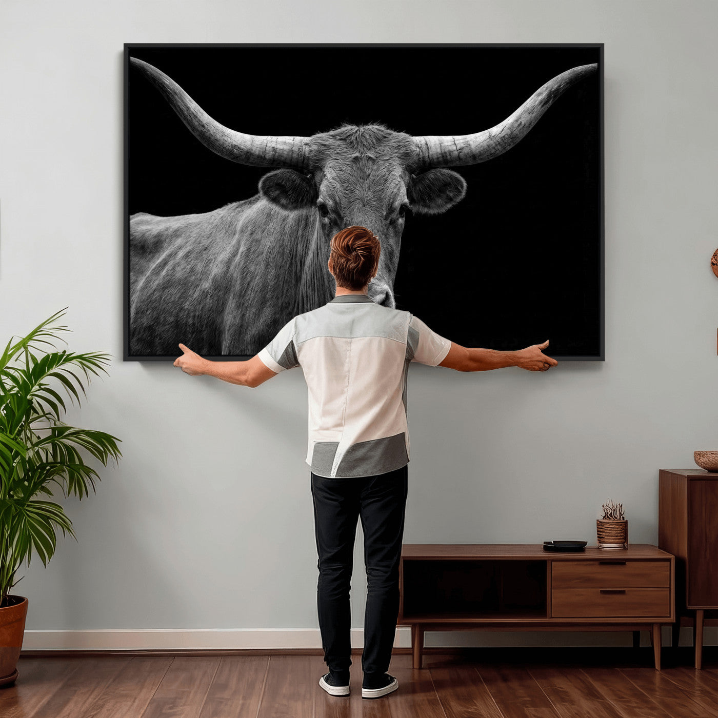 32601430-MGV-CV-36X24 - Texas Longhorn Bull Wall Art Canvas Print, Cow Portrait Photography, Framed Wall Art Ready to Hang