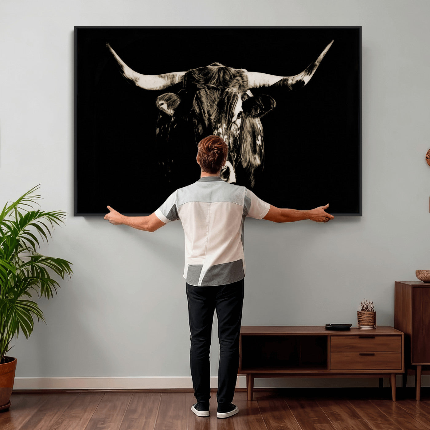 75774468-MGV-CV-36X24 - Black Bull Wall Art Canvas Print, Dark Longhorn Portrait Photography, Framed Wall Art Ready to Hang