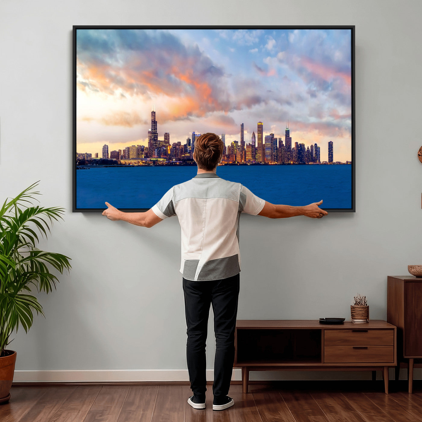 34667960-MGV-CV-36X24 - Chicago Wall Art Canvas Print, Chicago City Downtown Night Cityscape Print for Modern Urban Wall Decor