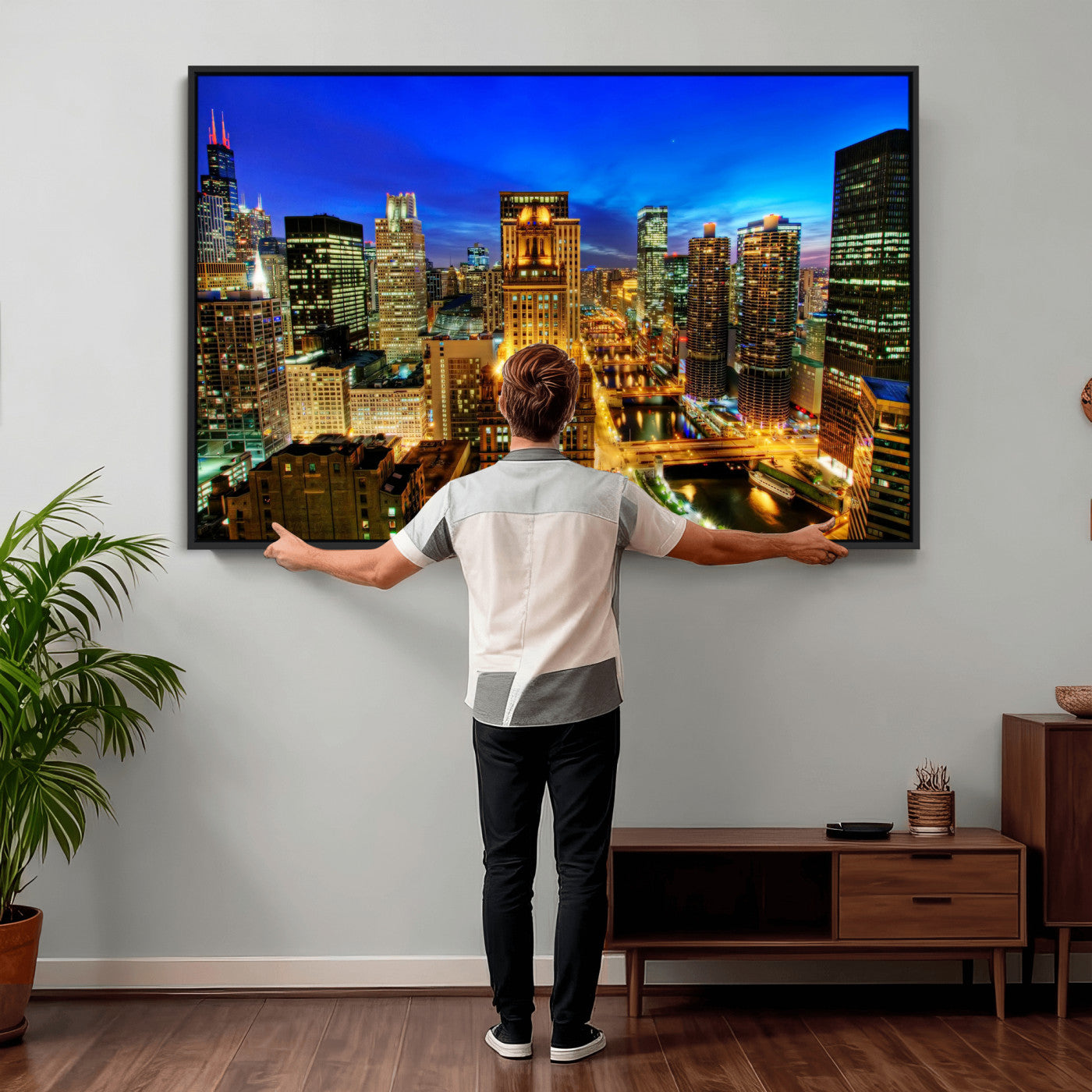 46298885-MGV-CV-36X24 - Chicago Wall Art Canvas Print, Chicago City Downtown Night Cityscape Print for Modern Urban Wall Decor