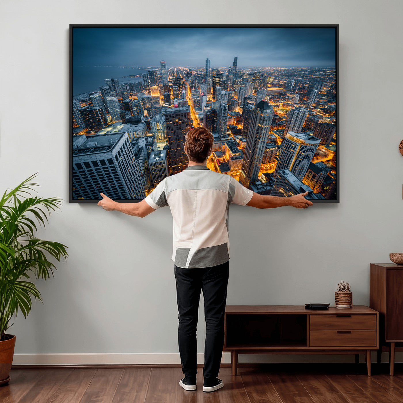 81742538-MGV-CV-36X24 - Chicago Wall Art Canvas Print, Chicago City Downtown Night Cityscape Print for Modern Urban Wall Decor