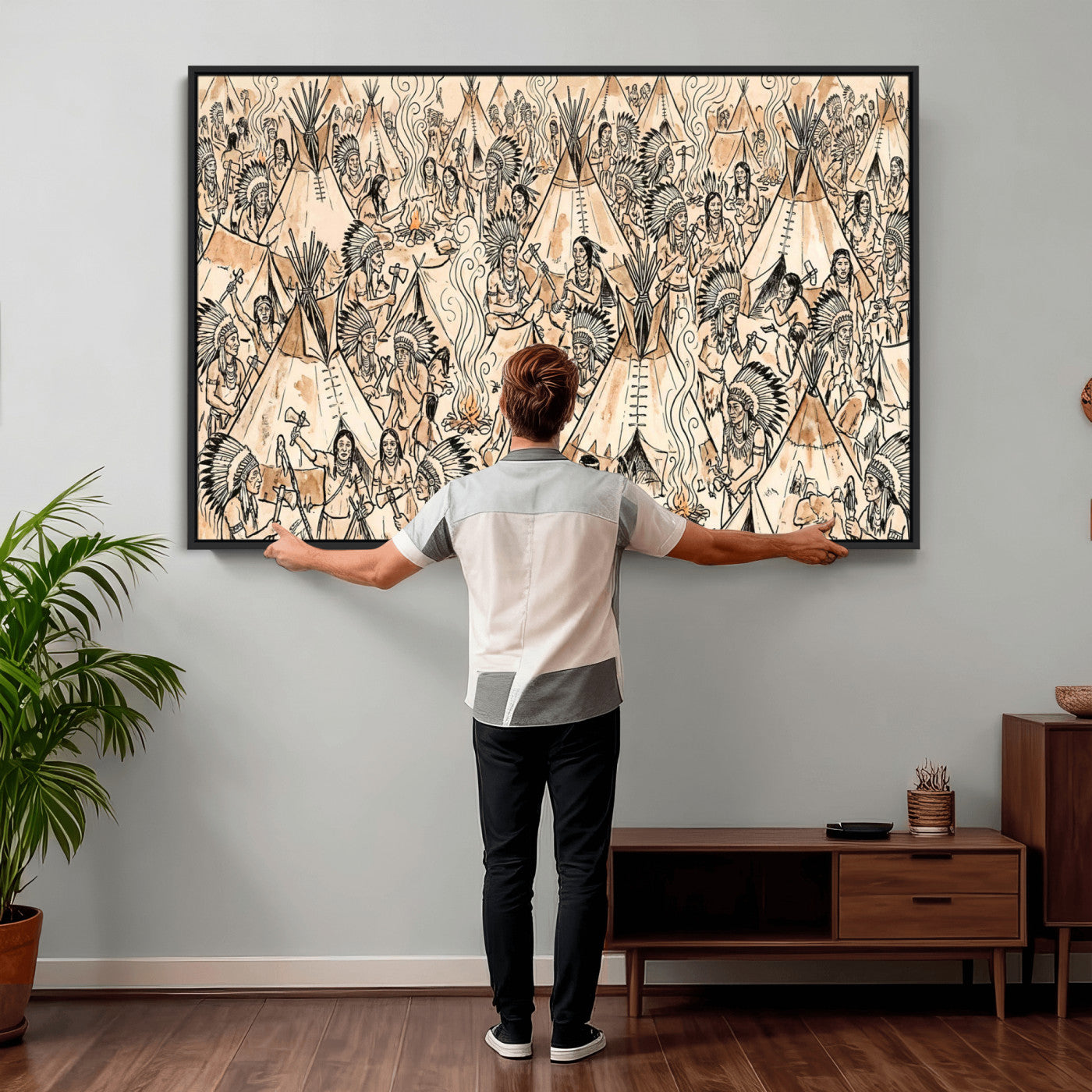 72739176-MGV-CV-36X24 - Farmhouse Animals Wall Art Canvas Print - Abstract Farm Animal Drawing Mid-Century Wall Art for Cabin Decor