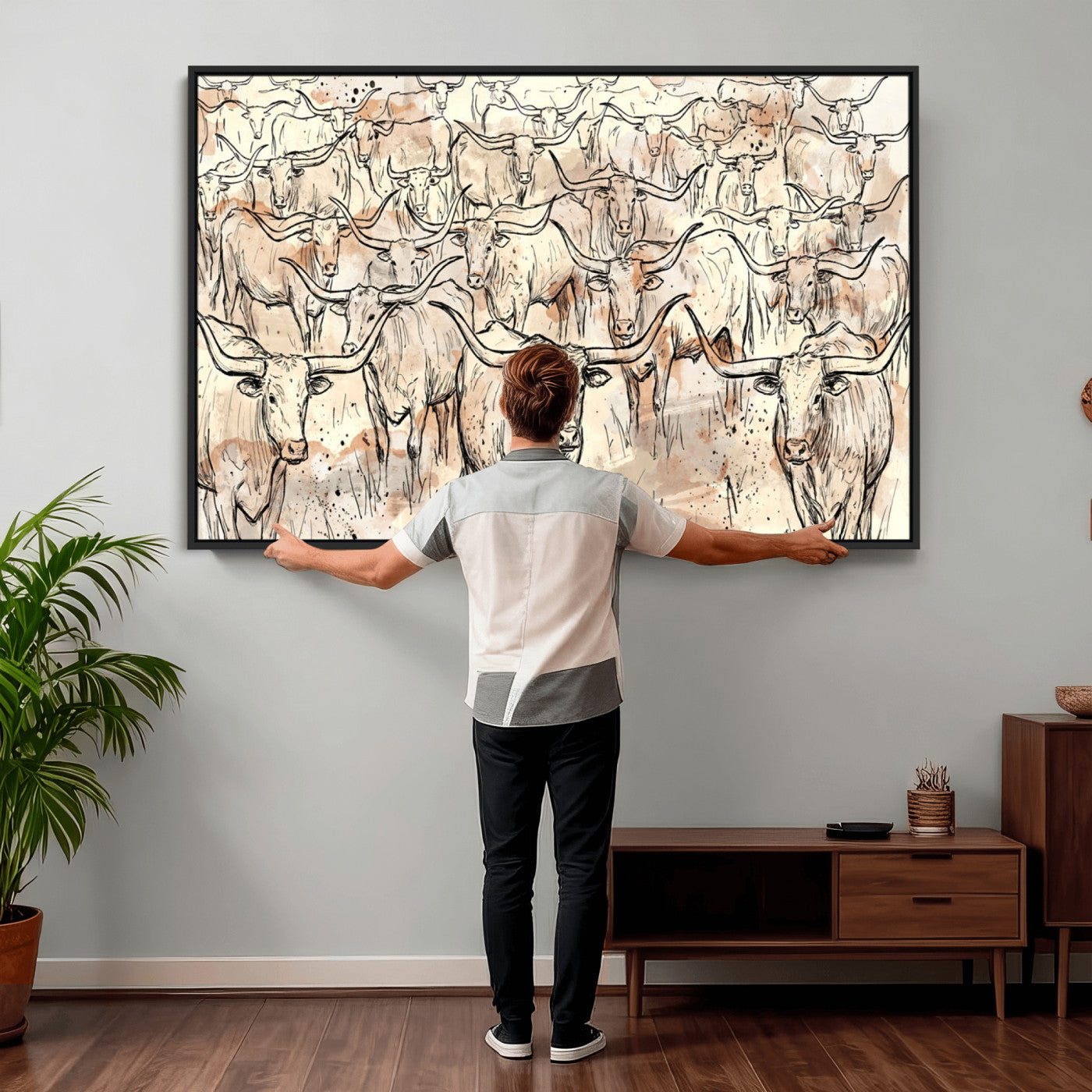 94055403-MGV-CV-36X24 - Farmhouse Animals Wall Art Canvas Print - Abstract Farm Animal Drawing Mid-Century Wall Art for Cabin Decor