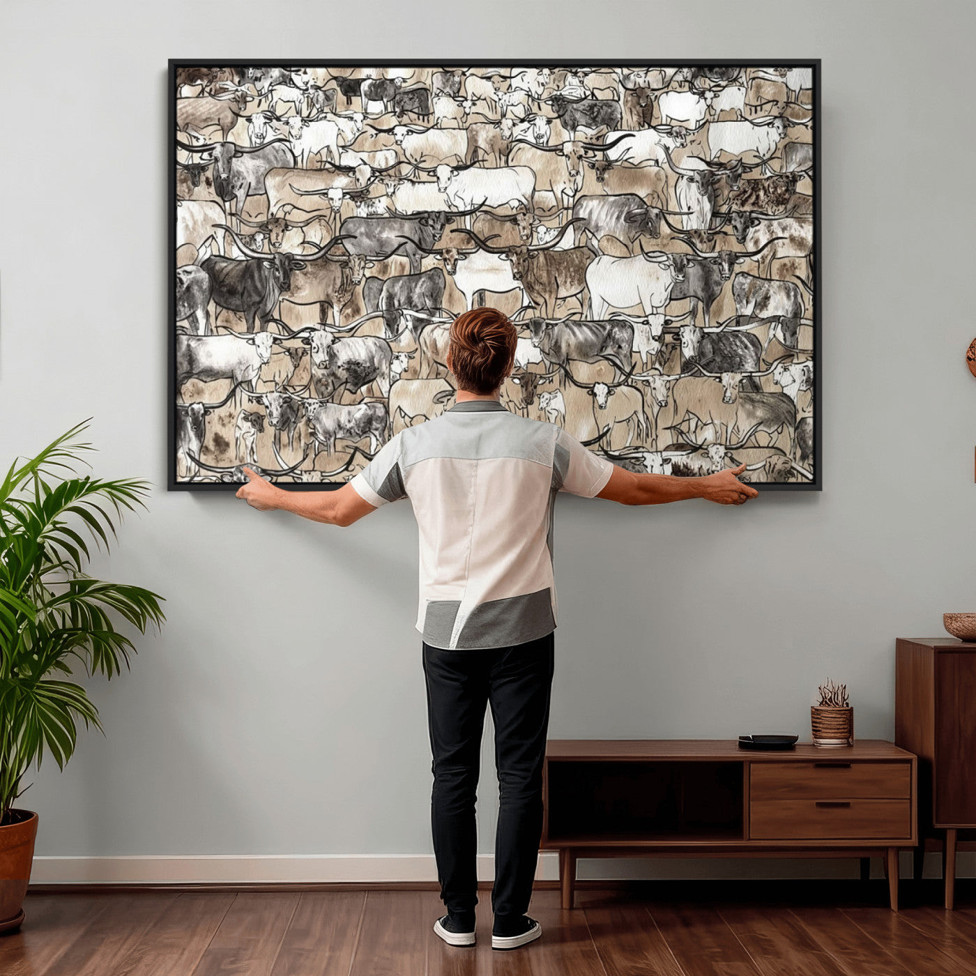 64368752-MGV-CV-36X24 - Farmhouse Animals Wall Art Canvas Print - Abstract Farm Animal Drawing Mid-Century Wall Art for Cabin Decor