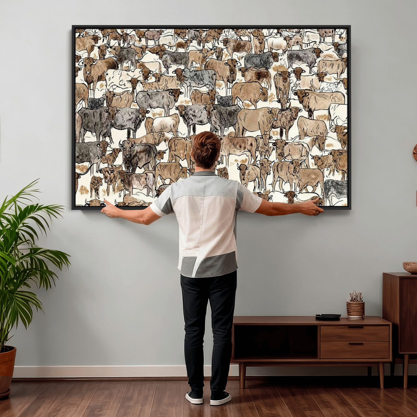 76902119-MGV-CV-36X24 - Farmhouse Animals Wall Art Canvas Print - Abstract Farm Animal Drawing Mid-Century Wall Art for Cabin Decor