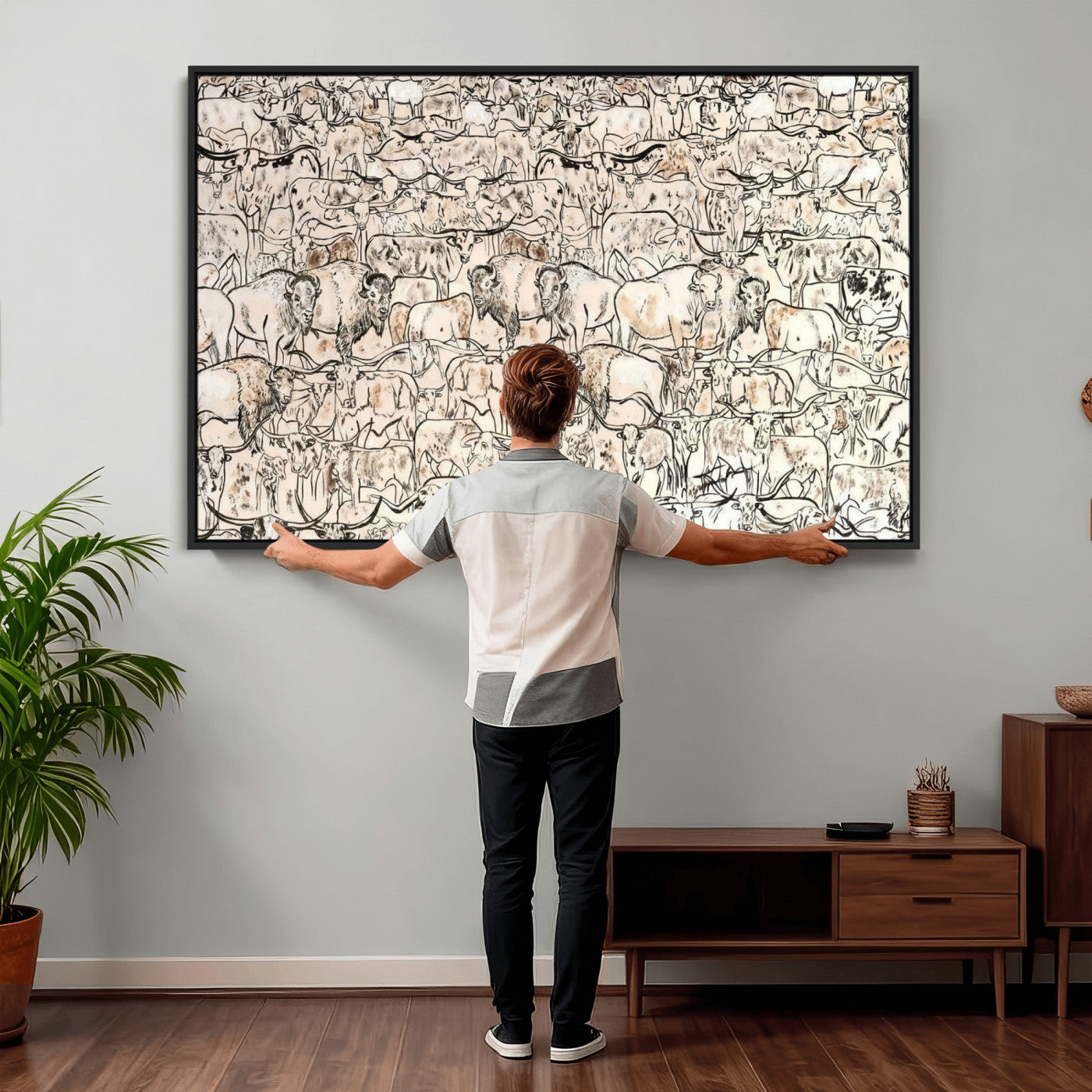 36925875-MGV-CV-36X24 - Farmhouse Animals Wall Art Canvas Print - Abstract Farm Animal Drawing Mid-Century Wall Art for Cabin Decor