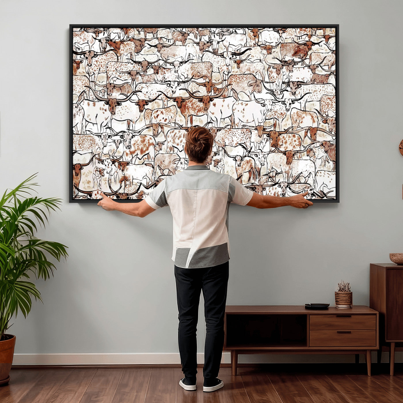 71869761-MGV-CV-36X24 - Farmhouse Animals Wall Art Canvas Print - Abstract Farm Animal Drawing Mid-Century Wall Art for Cabin Decor