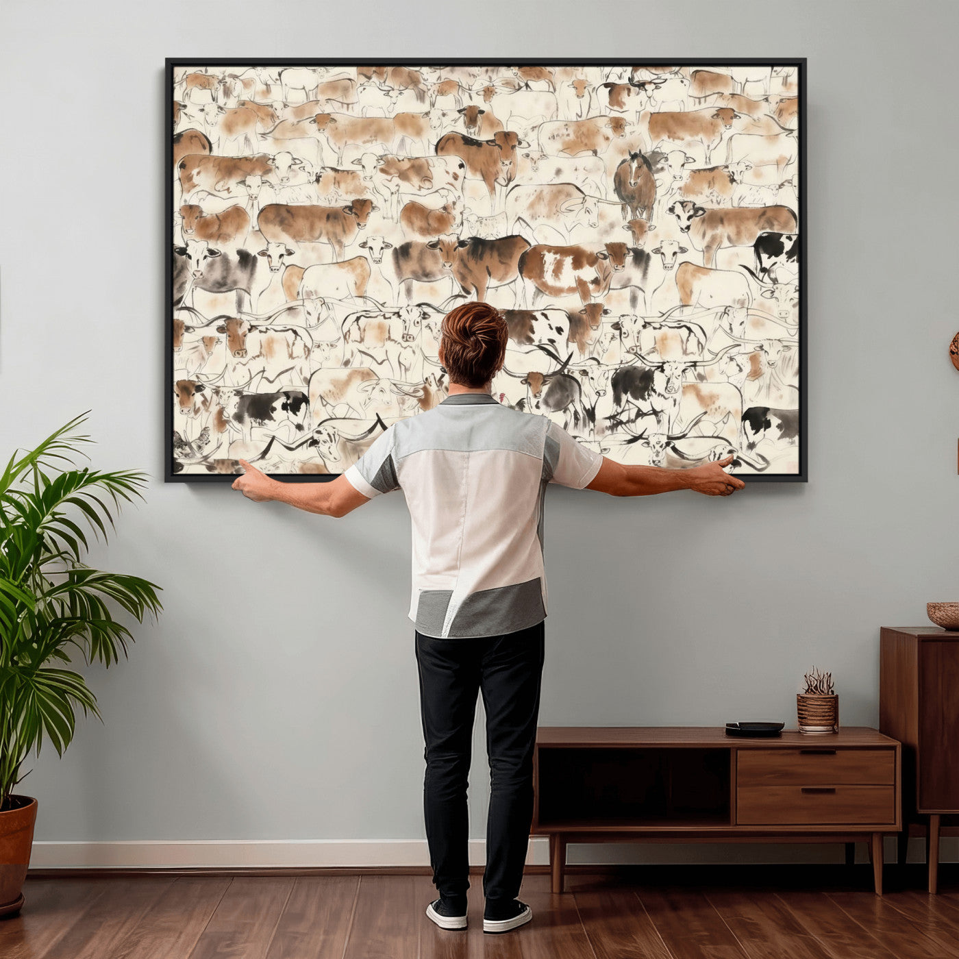 69961368-MGV-CV-36X24 - Farmhouse Animals Wall Art Canvas Print - Abstract Farm Animal Drawing Mid-Century Wall Art for Cabin Decor