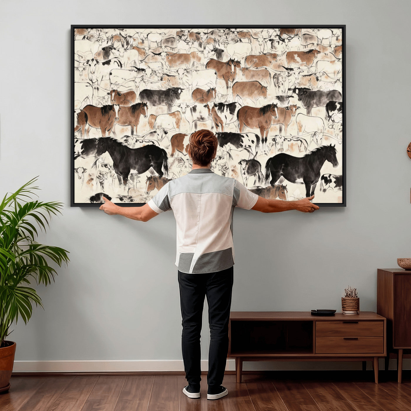 74171578-MGV-CV-36X24 - Farmhouse Animals Wall Art Canvas Print - Abstract Farm Animal Drawing Mid-Century Wall Art for Cabin Decor