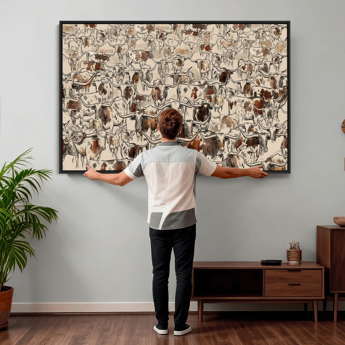 94808502-MGV-CV-36X24 - Farmhouse Animals Wall Art Canvas Print - Abstract Farm Animal Drawing Mid-Century Wall Art for Cabin Decor