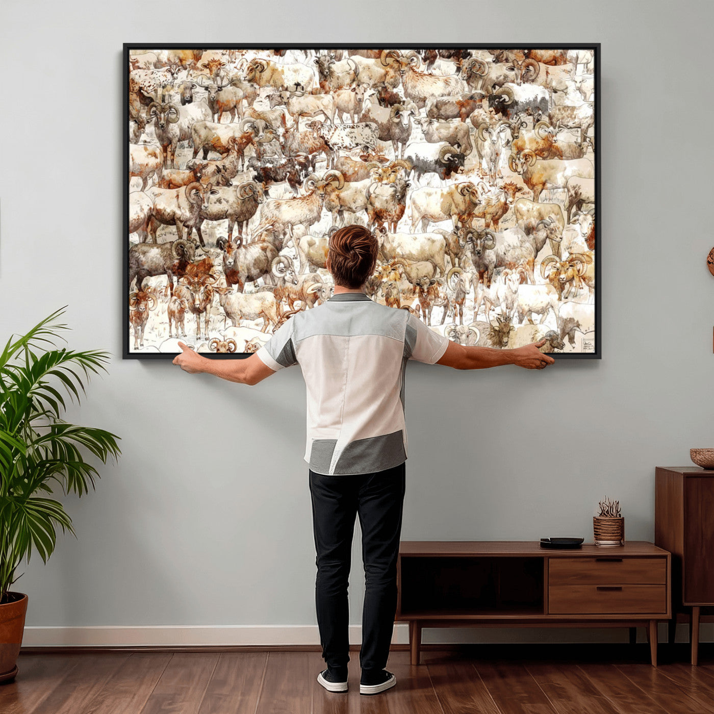 95103864-MGV-CV-36X24 - Farmhouse Animals Wall Art Canvas Print - Abstract Farm Animal Drawing Mid-Century Wall Art for Cabin Decor