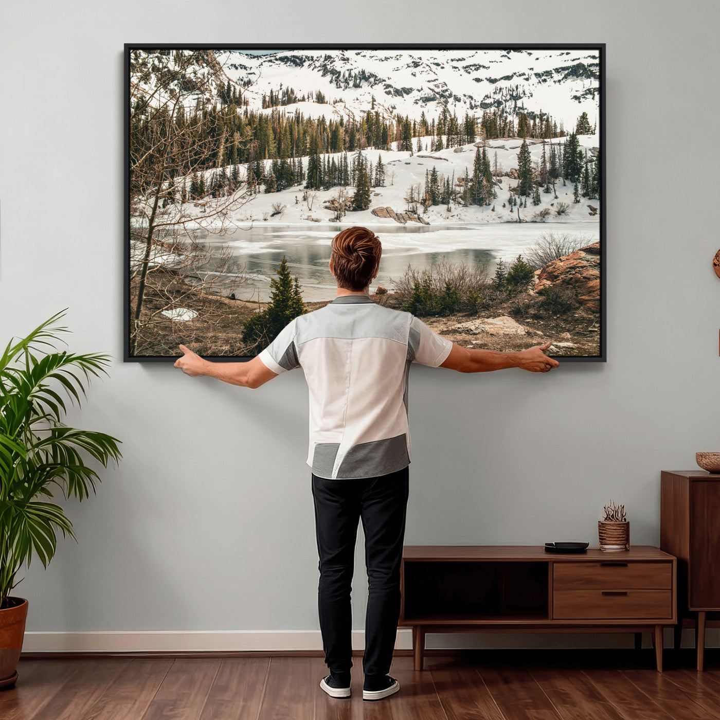 10336249-MGV-CV-36X24 - Snowy Mountain Landscape Wall Art Canvas Print, Alpine Pine Forest Winter Nature Wall Decor for Living Room and Office