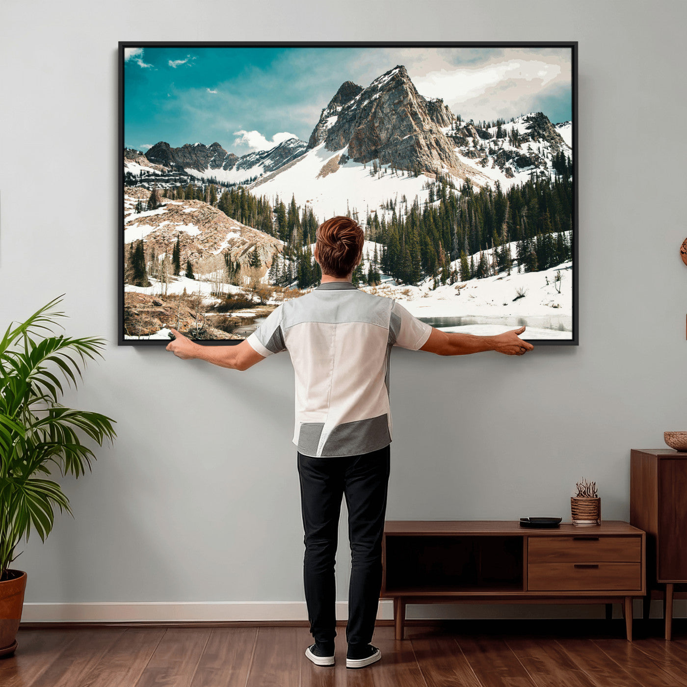 56837070-MGV-CV-36X24 - Snowy Mountain Landscape Wall Art Canvas Print, Alpine Pine Forest Winter Nature Wall Decor for Living Room and Office