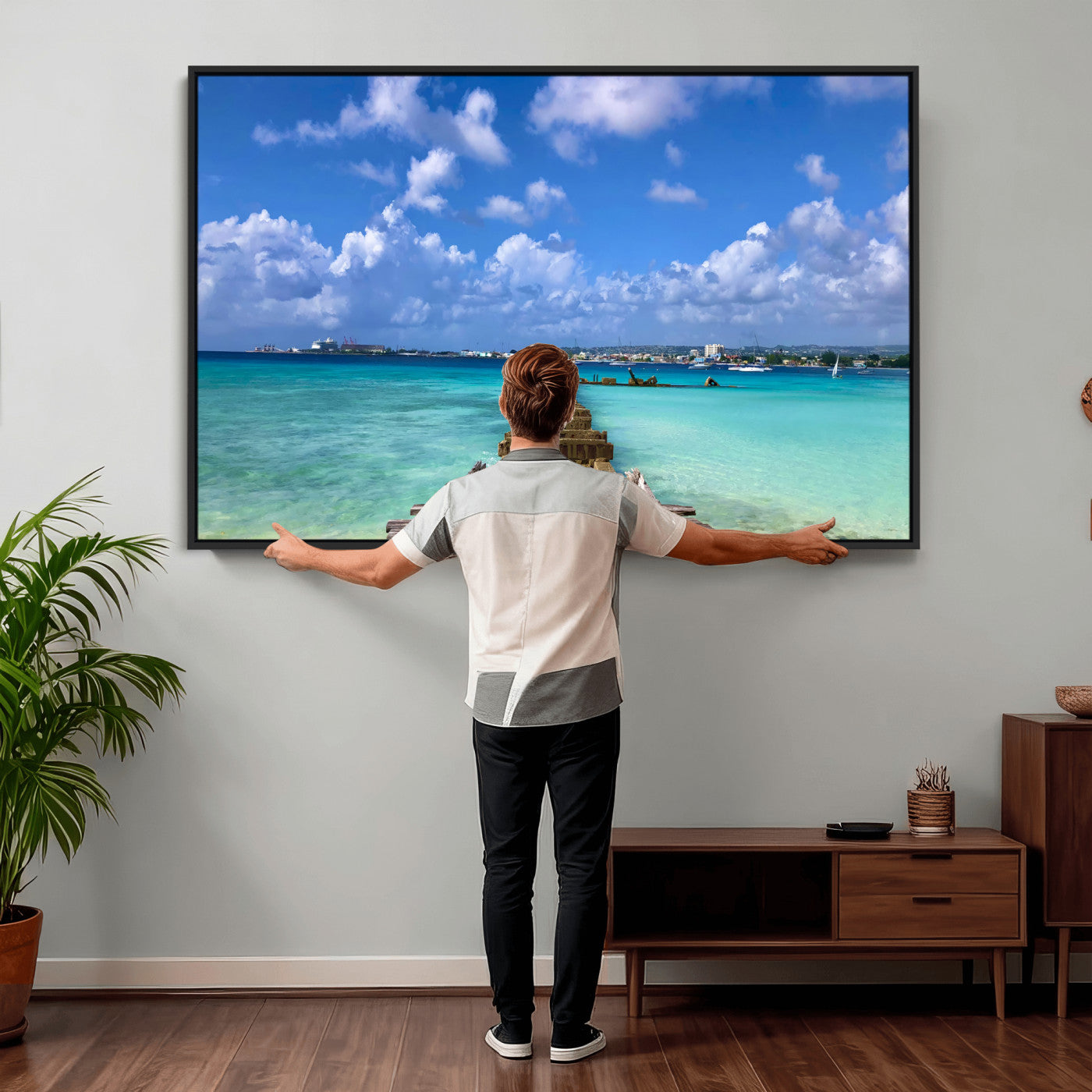 43165024-MGV-CV-36X24 - Caribbean Ocean Pier Seascape Wall Art Canvas Print, Turquoise Sea Tropical Harbor Canvas Print, Island Coastal Blue Water Scenic Art Printing